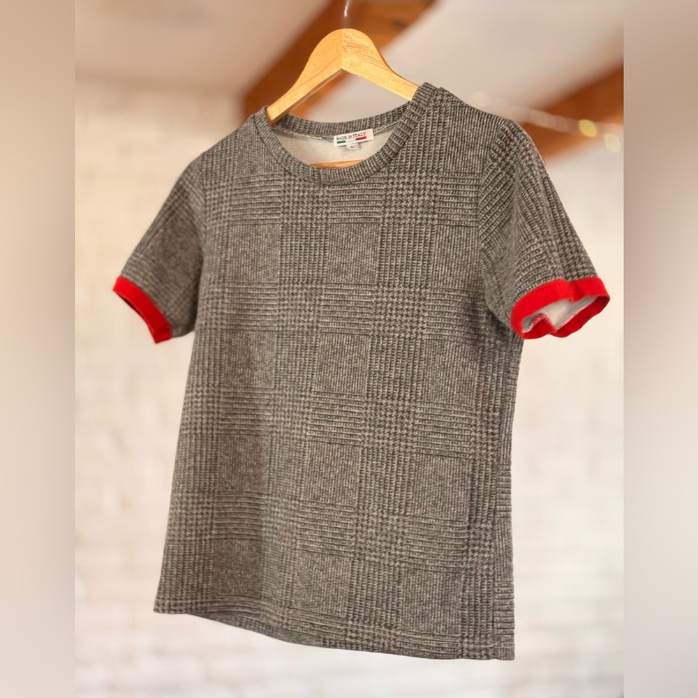 Gray Plaid Knit Tee with Red Trim
